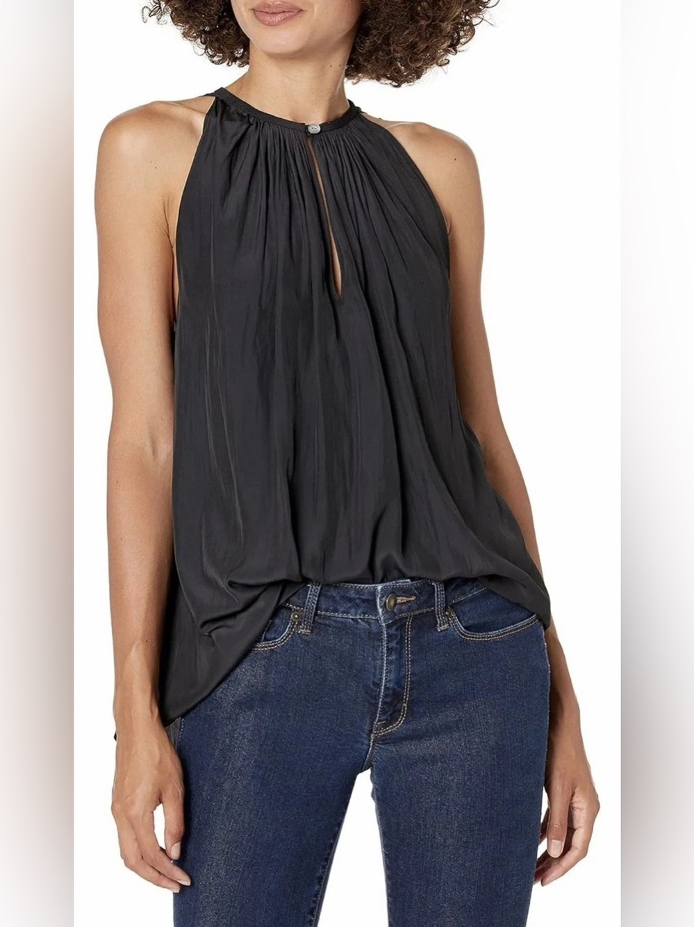 Ramy Brook NWT Piper Sleeveless Reversible Pleated High Neck Blouse Black Sz Med